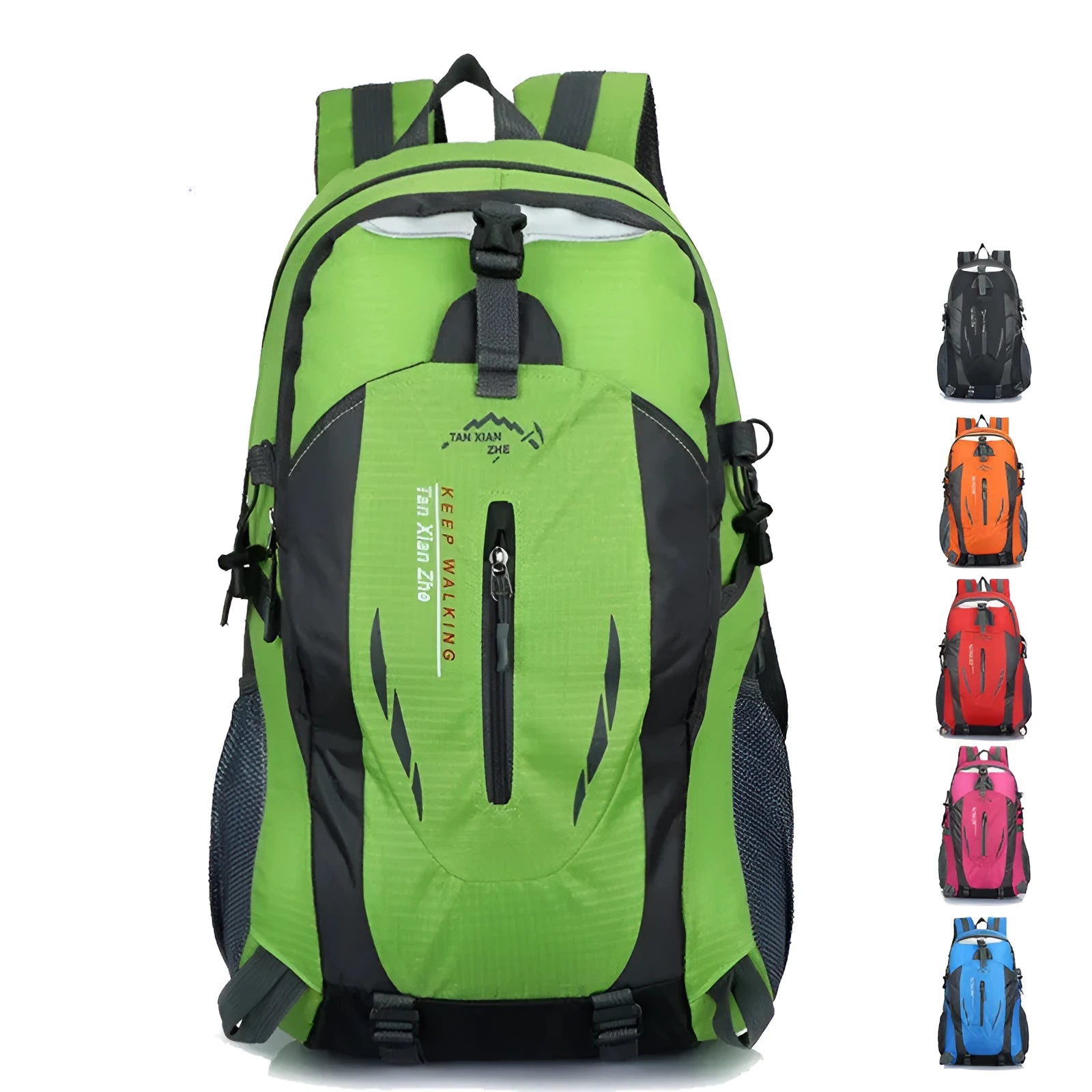 Large red Oxford cloth travel backpack with double straps, showing front compartment and buckle closure.