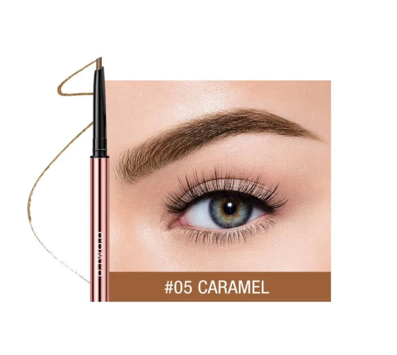 Slender eyebrow make-up pencil in a colour box, shown in six colour options including blonde and auburn.