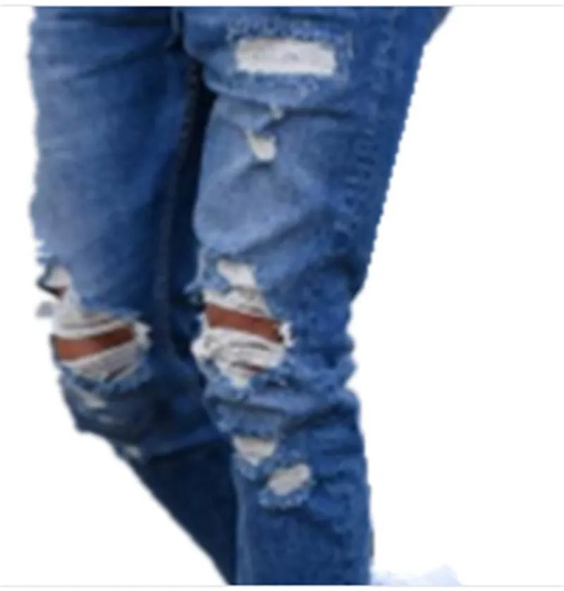 Deep blue men's jeans with hole detailing made from cotton fabric