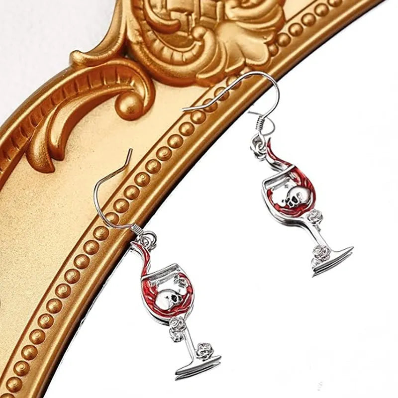 Halloween skull wine glass drop earrings with electroplated metallic finish