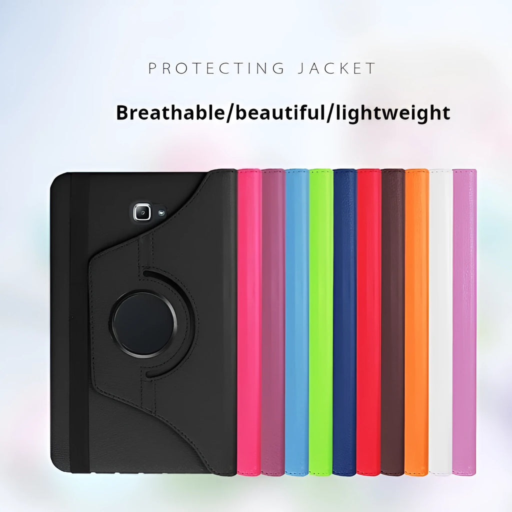 iPad 1 rotating leather protective case in clamshell design showing multiple colour options.