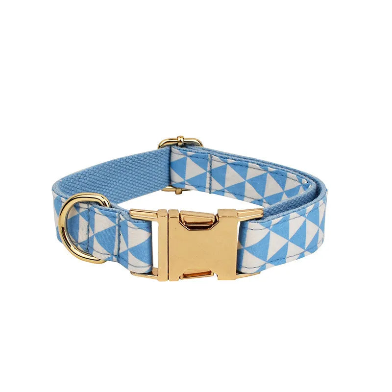 Blue triangular ring dog collar and lead set with matching vest and bow tie for pets