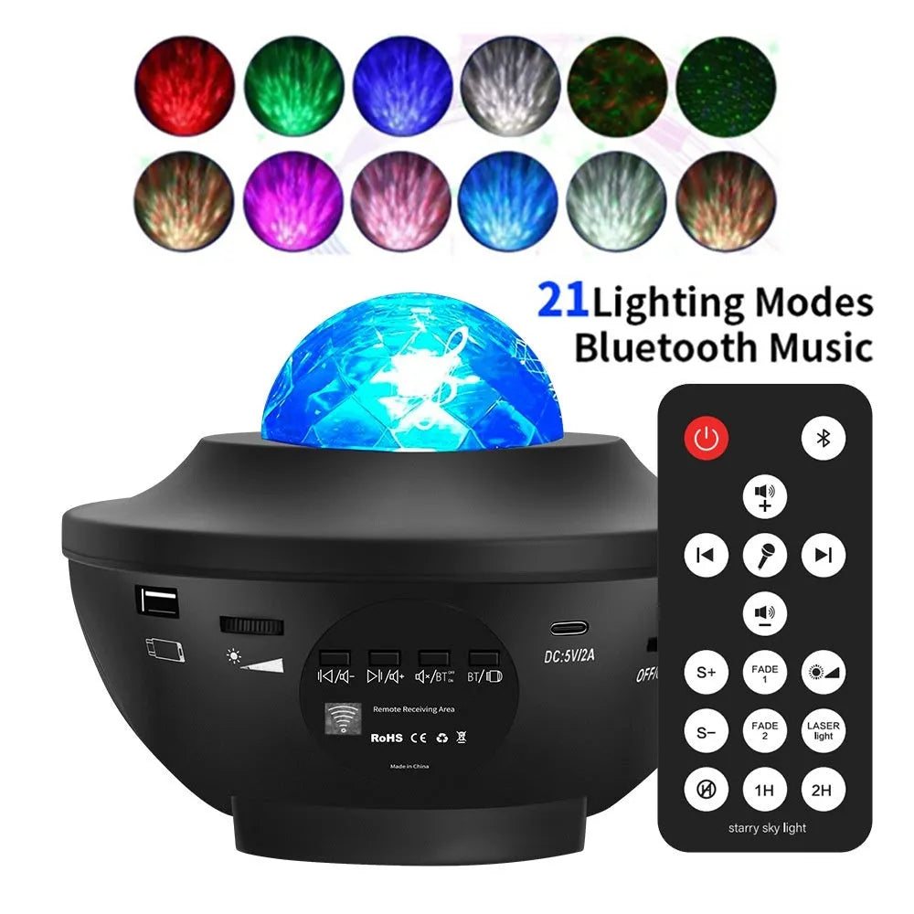 Black starry sky projection lamp with rotating water ripple laser effects on desktop