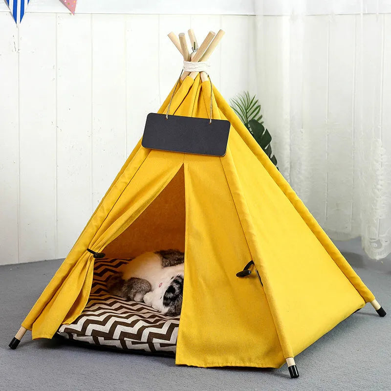 Striped flax and linen pet teepee tent with cushion for small dogs, cats, or rabbits