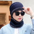Coral Fleece Balaclava Winter Hat – wool knit dome beanie with fleece lining, unisex one size, navy blue shown