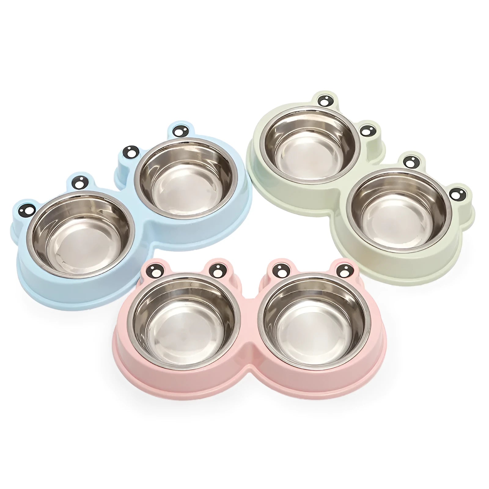 Stainless steel pet double feeding bowl in blue, green, or pink colour for cats and dogs.