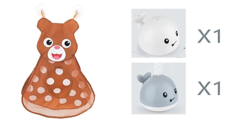 Automatic water spray whale bath toy floating in water with fountain and LED lights