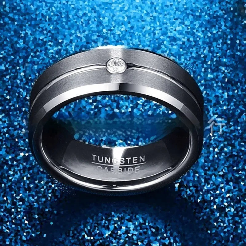 Men's tungsten steel ring with inlaid groove zircon, steel colour finish, U-shaped band on grey background