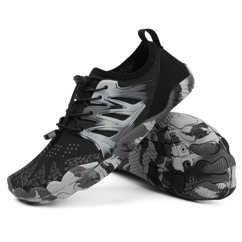 Men's and women's quick-drying wading beach shoes with mesh upper, non-slip rubber sole, and front lace-up design in multiple colours