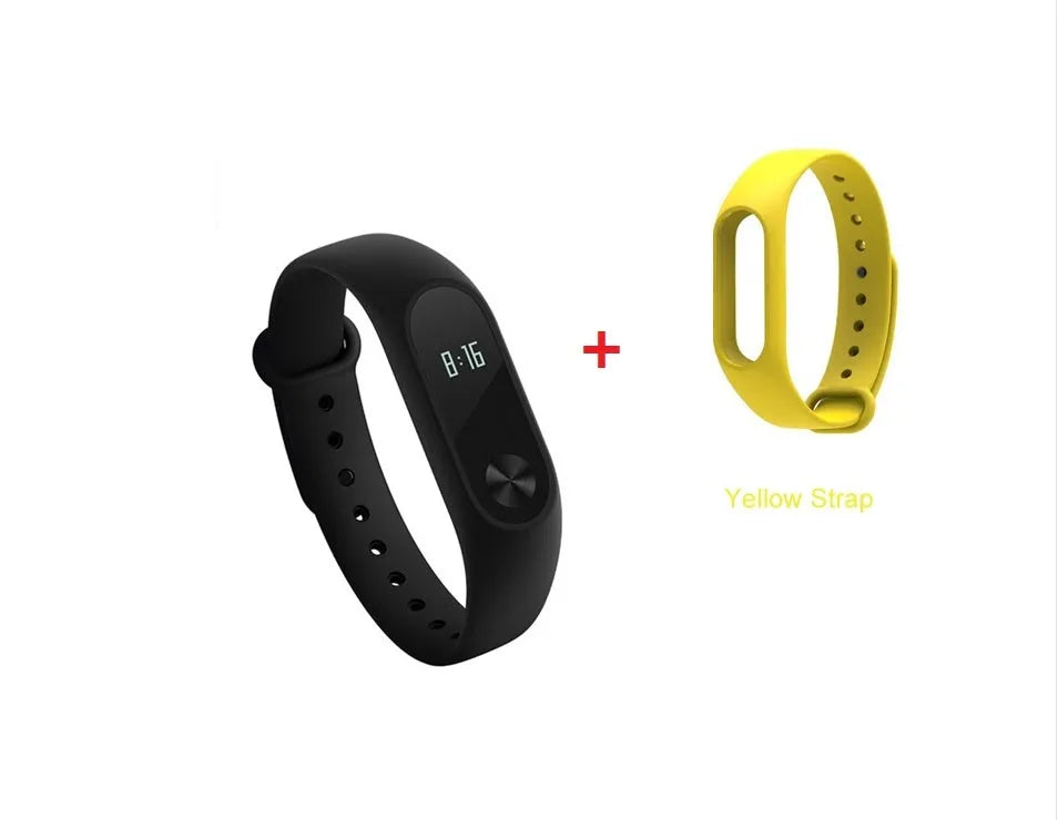 Xiaomi Mi Band 2 black fitness tracker on wrist showing OLED display