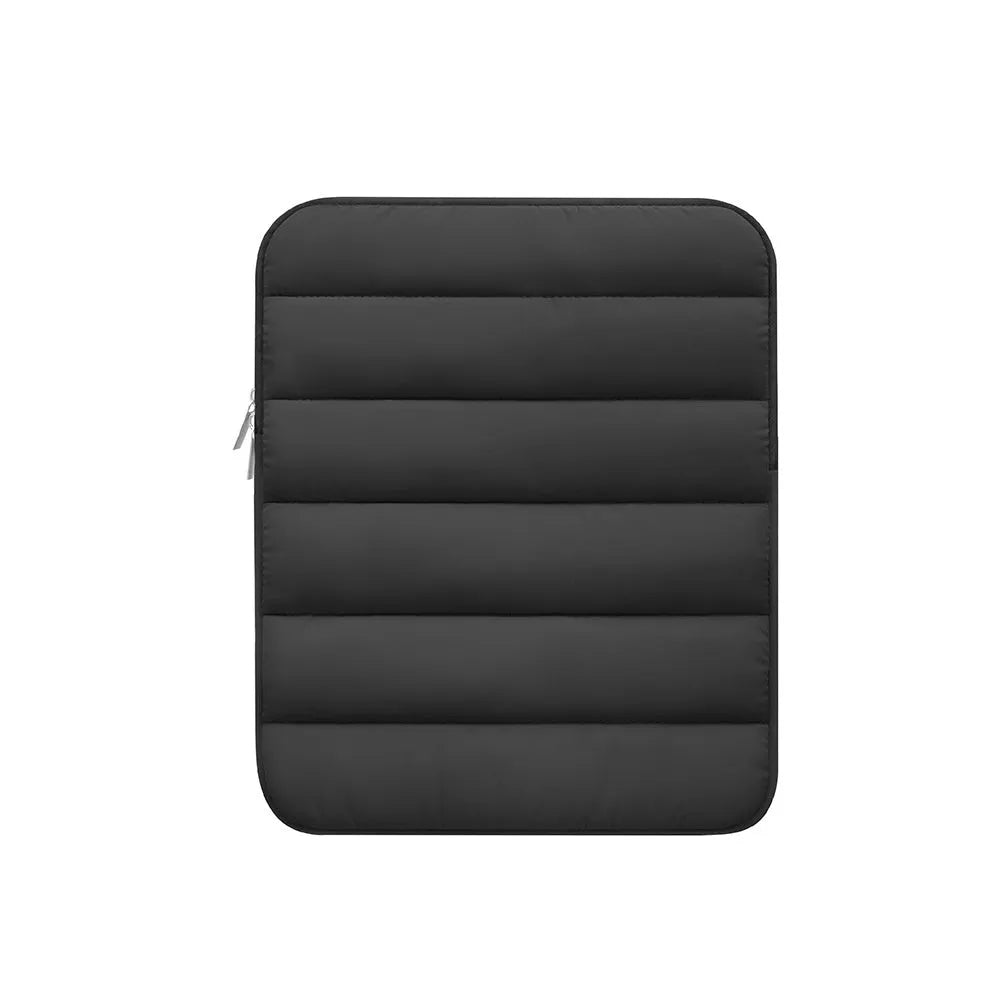 Puff bag laptop sleeve with elastic sides in black, khaki, or silver for 9.7-11 inch devices