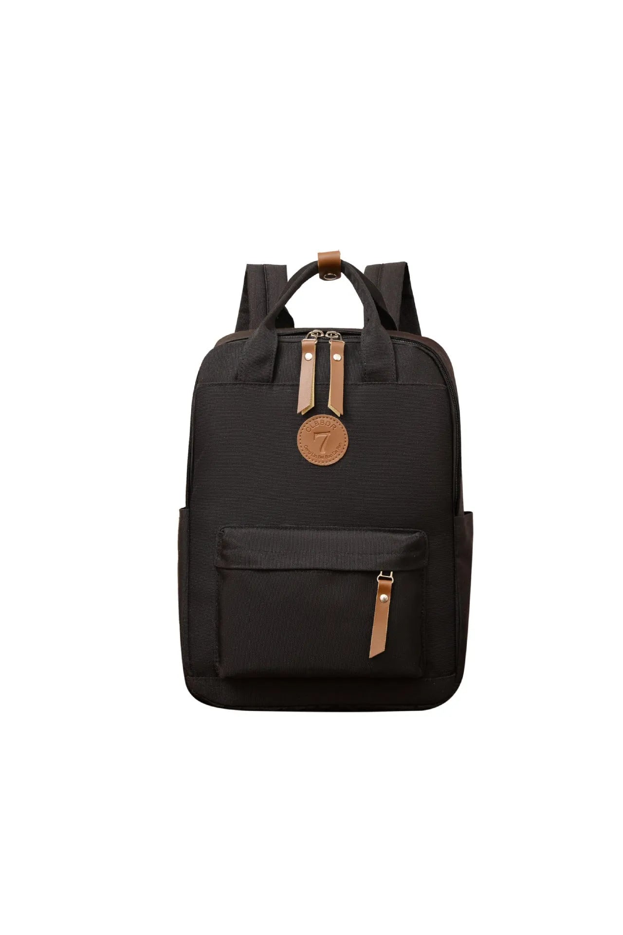 Black Oxford cloth backpack with curved shoulder straps and retro urban style detailing