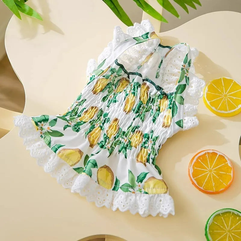 Rock yellow lemon polyester strap skirt dog dress for small dogs with breathable thin material