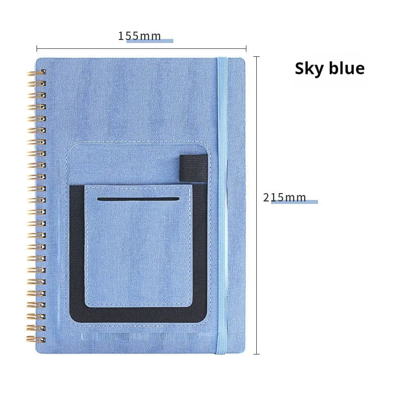 Reusable erasable coil notebook with stone paper, shown with a pen and available in multiple cover colour options.