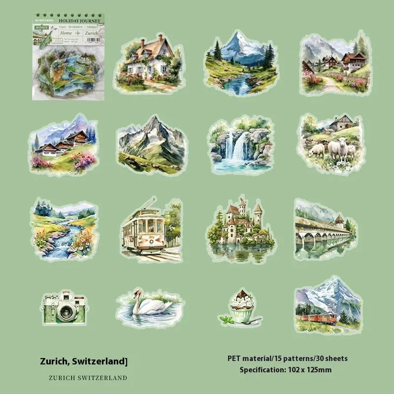 Retro-style architecture journal stickers showing designs of Big Ben, Arc de Triomphe, and other global landmarks.