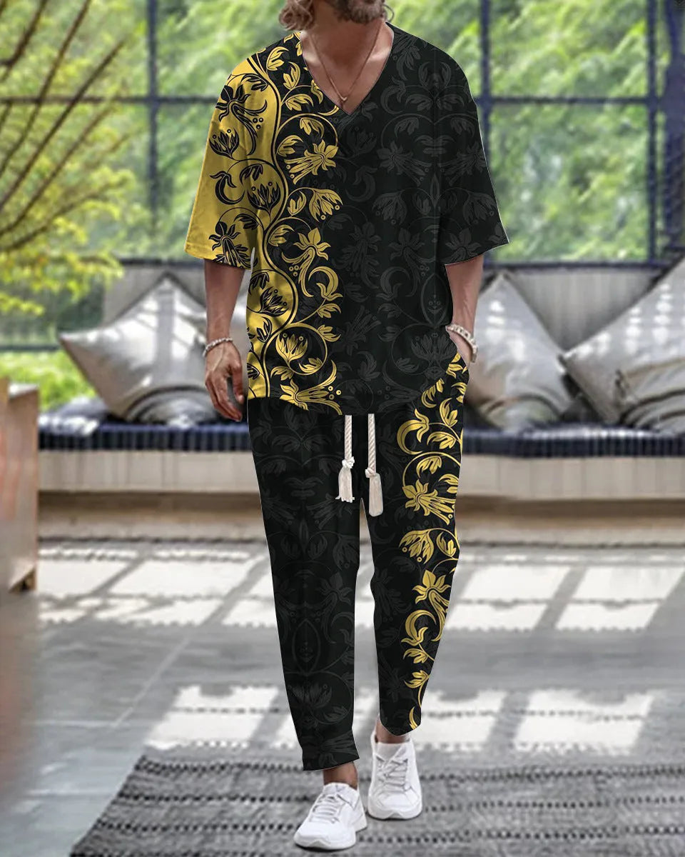 Men's cropped sleeve V-neck polyester suit in two-piece set with trousers