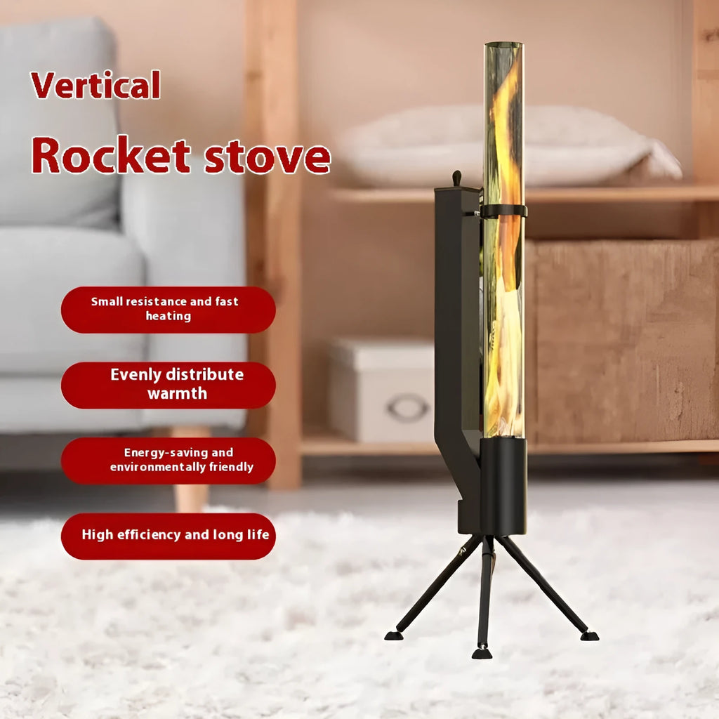 Vertical cast iron rocket furnace wood burning stove for courtyard heating.