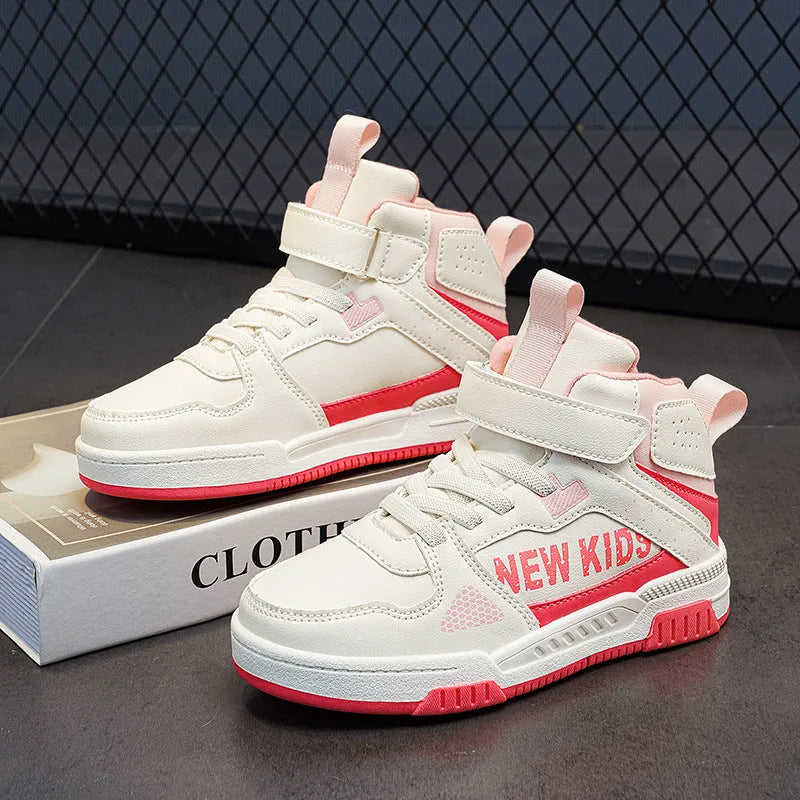 Children's street sneakers with buckle closure in beige green, blue, white and purple, or white powder.
