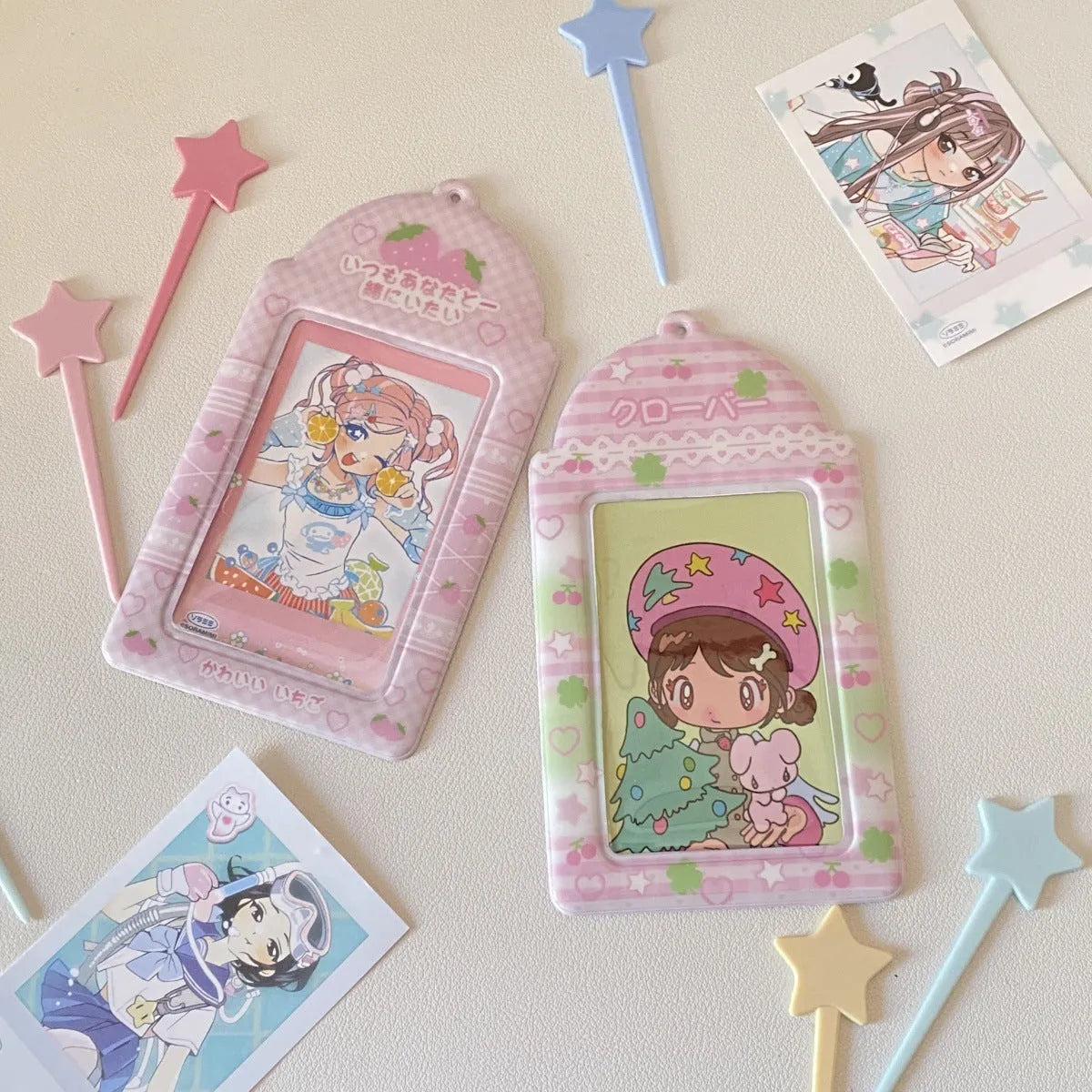 Cartoon strawberry design PVC meal card holder measuring 7.6cm by 13.6cm