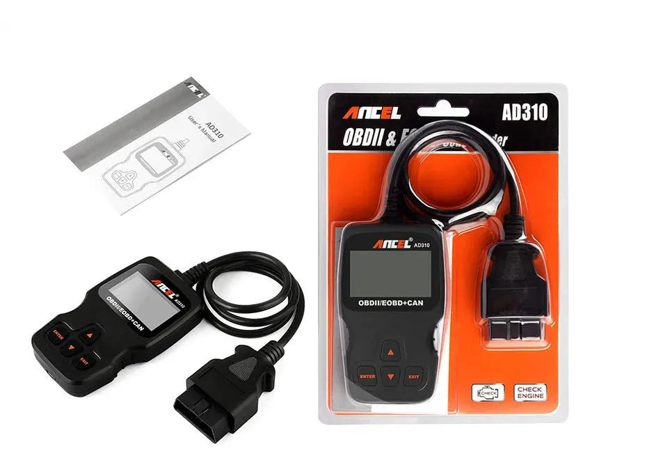 Black universal auto scanner code reader for OBD2 engine fault detection with 12V power supply