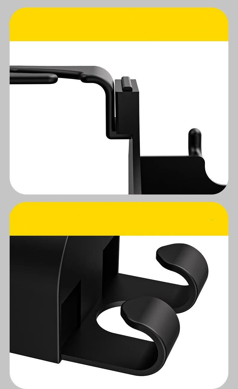 Black plastic car seat back hook with integrated cup holder for vehicle organisation