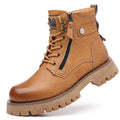 Men's brown leather high-top Martin boots with side zipper and round toe