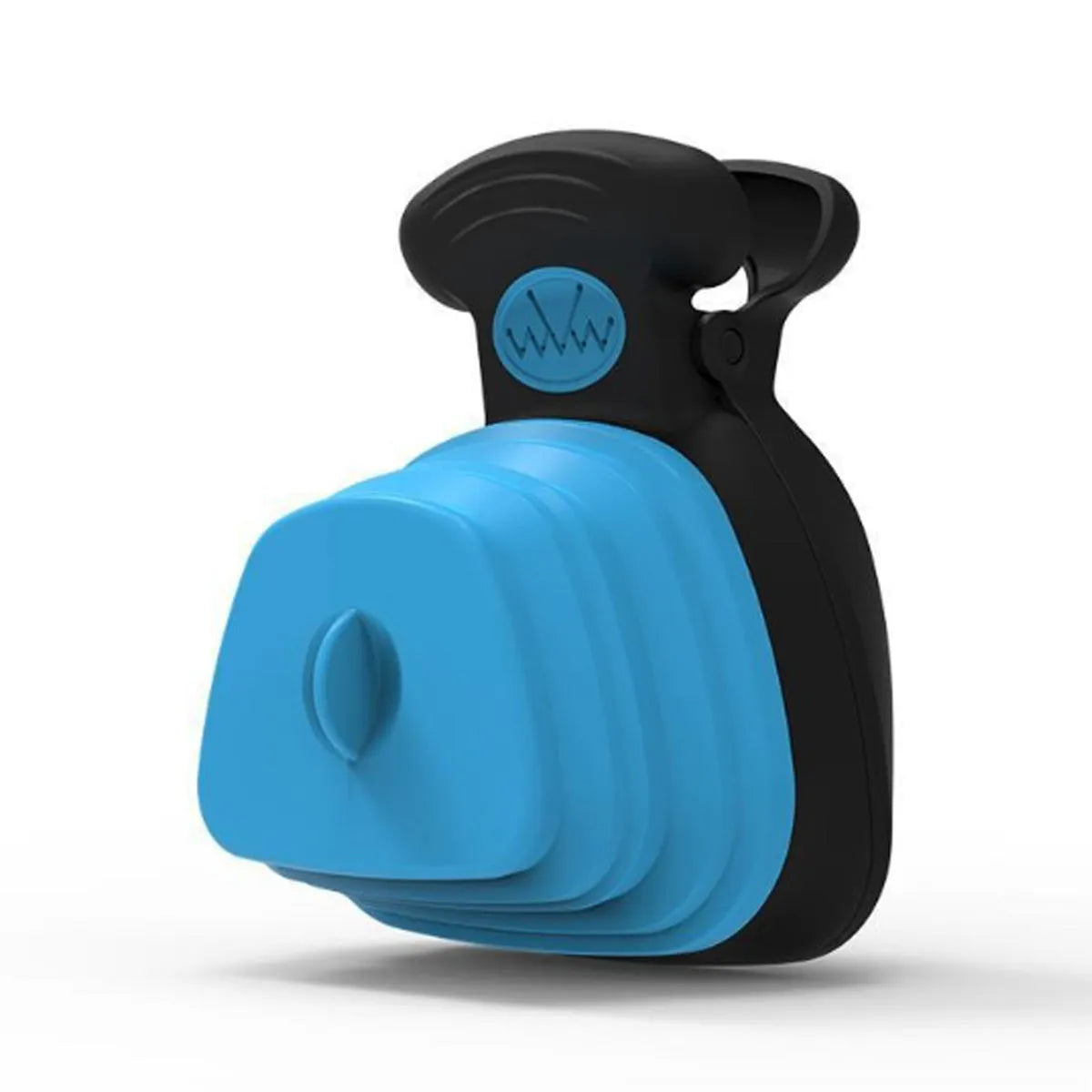 Blue portable dog pooper scooper with clip and expandable waste container next to a dog leash.