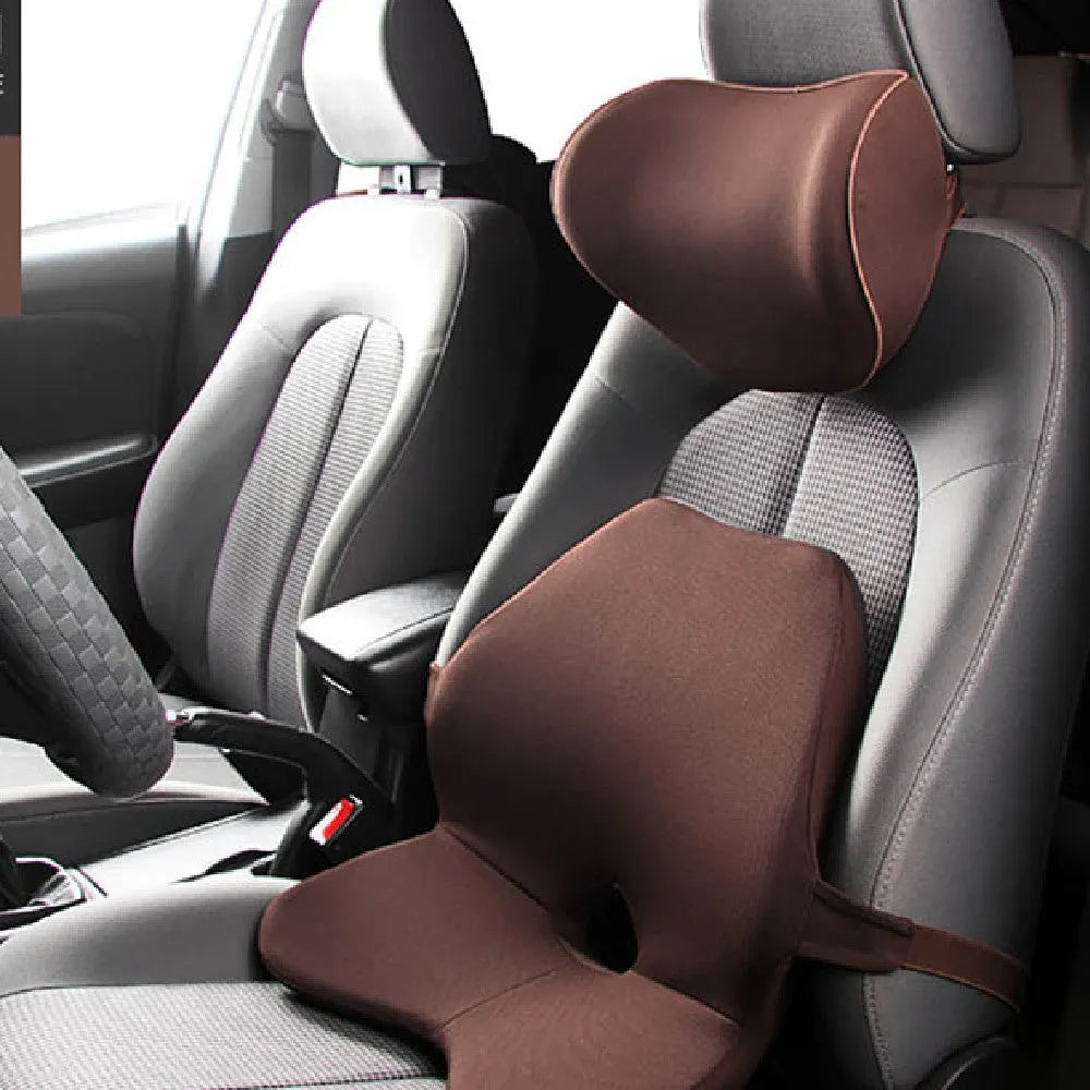 Memory foam car seat waist support pad in beige colour with optional headrest attachment