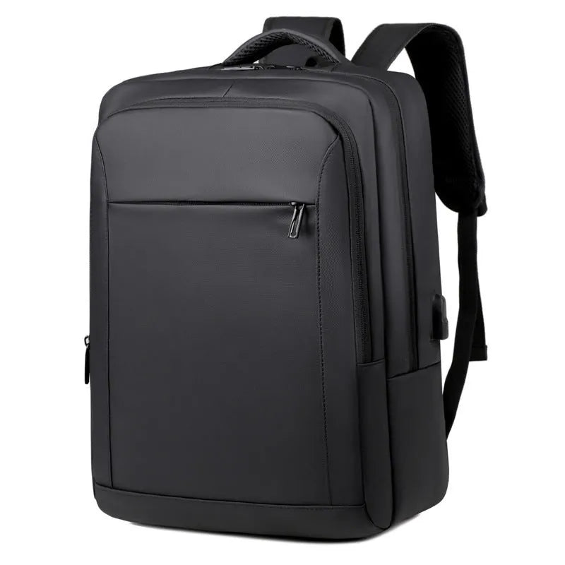 Waterproof laptop backpack in black with USB port and air pillow belt, 20-35L capacity