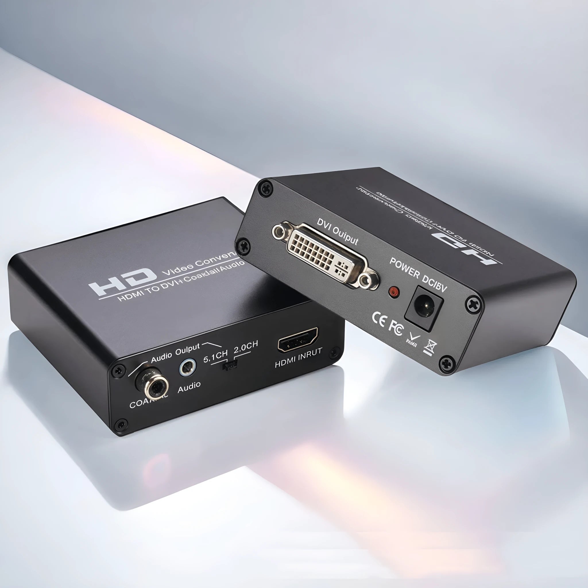 Black HDMI to DVI converter with coaxial audio output and 1.5 metre cables