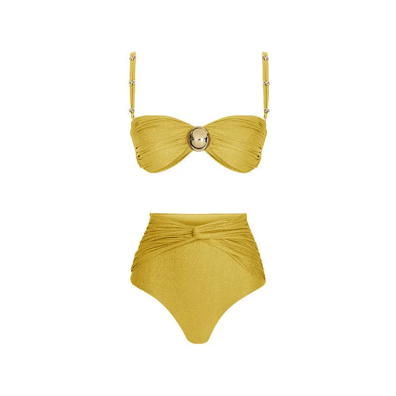 Women's high waist split bikini swimsuit in nylon fabric shown in green and yellow colour options
