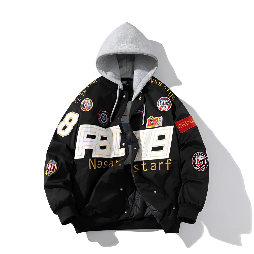 American motorcycle baseball uniform jacket with detachable hood in black, red or blue colours