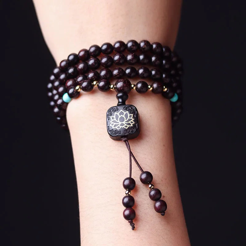 Zambia rosewood DIY Buddha beads bracelet kit with 108 wooden beads and flat lotus pendant