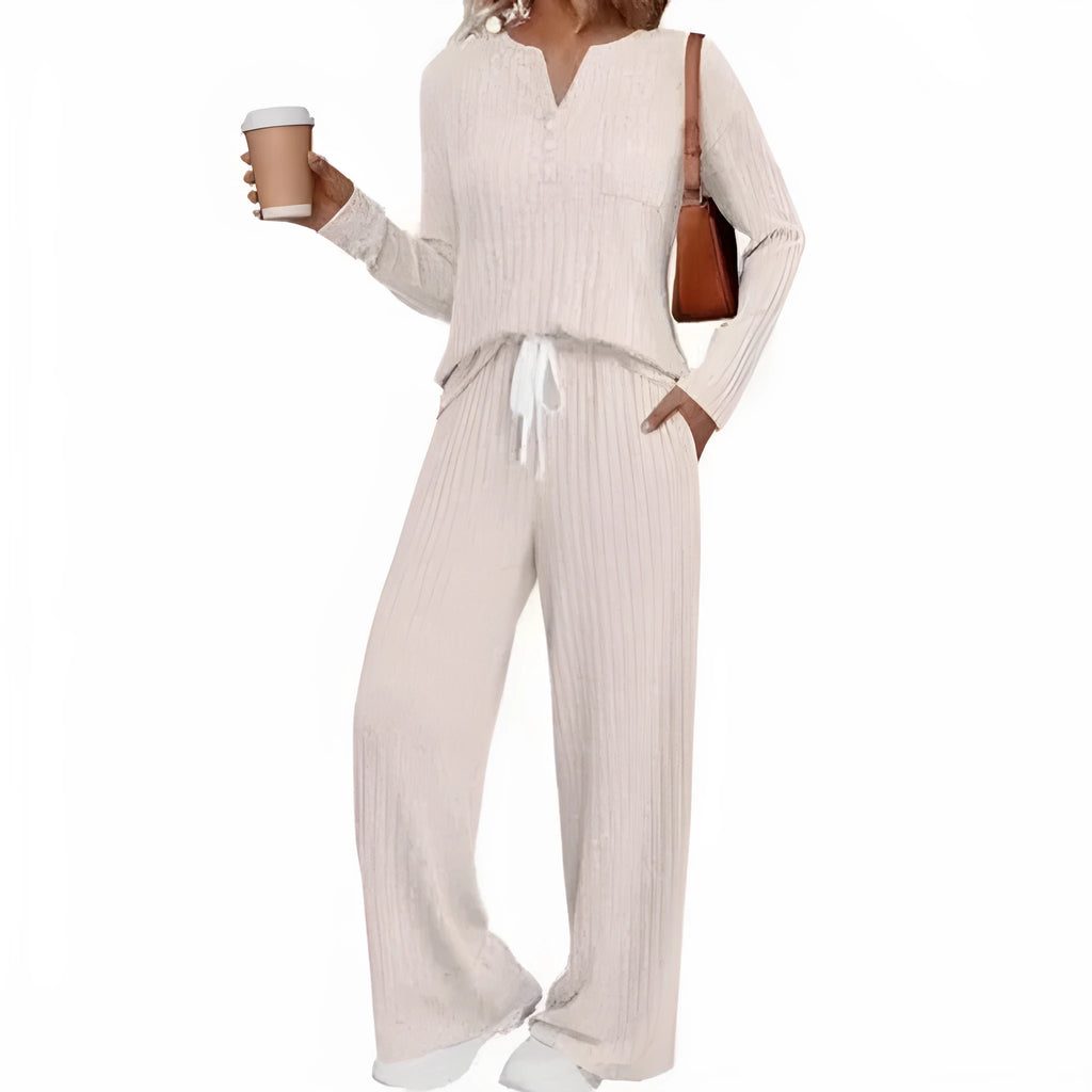 Women's striped knit long coat with V-neck, long sleeves, lace-up details and side pockets