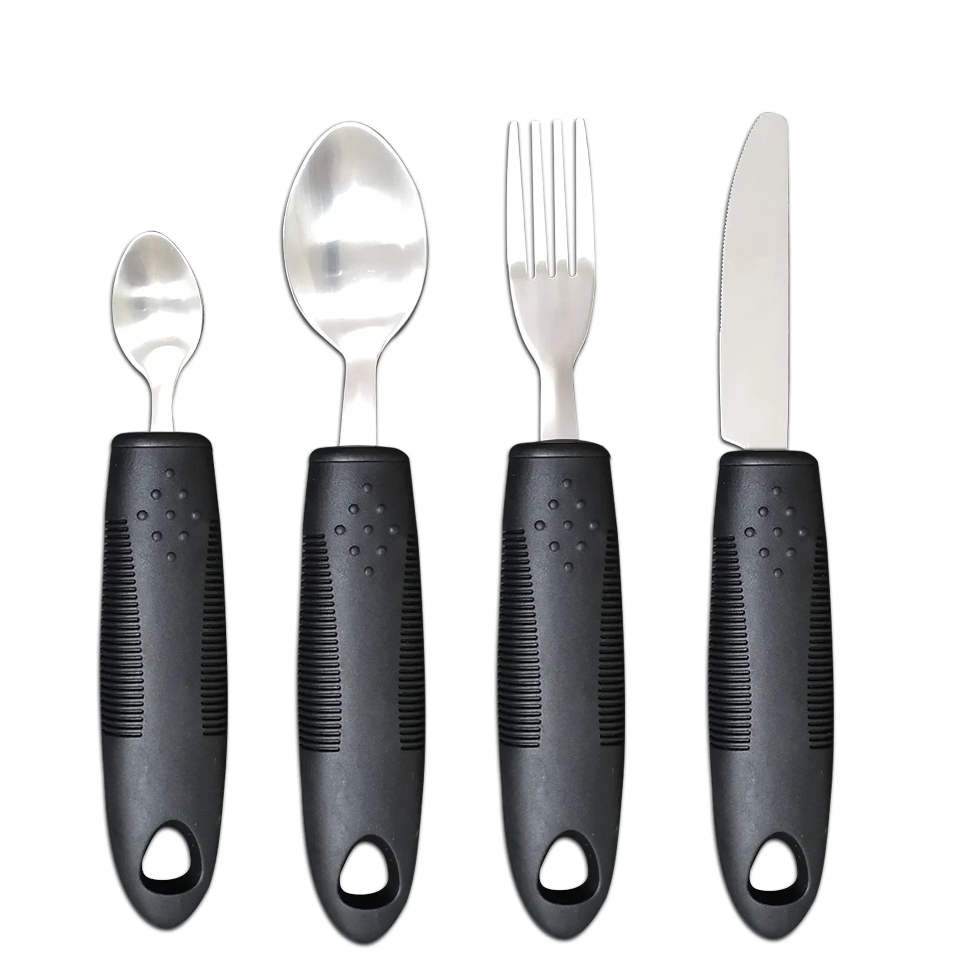 Adaptive cutlery set with stainless steel utensils and rubber grip handles for hand tremor assistance