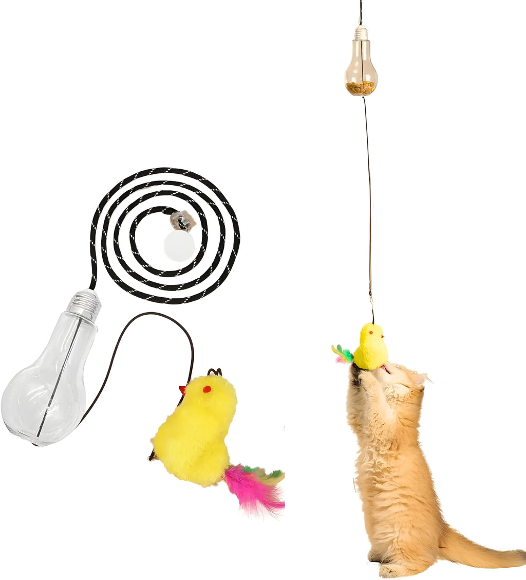 Grey and yellow retractable cat teaser toy hanging on door frame with treat bulb and dangling mouse.