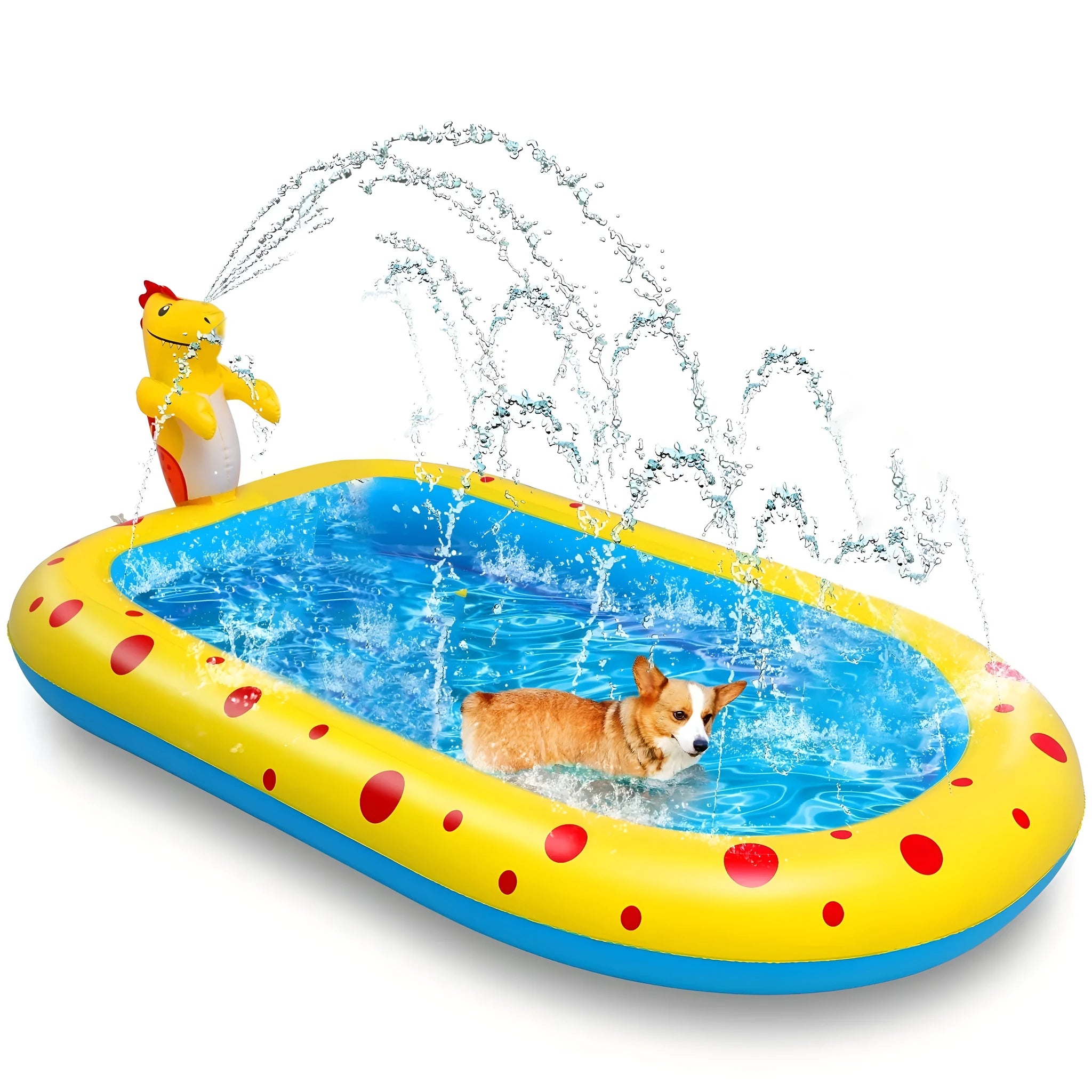 Blue dinosaur shark water spray pool measuring 170cm long with children playing
