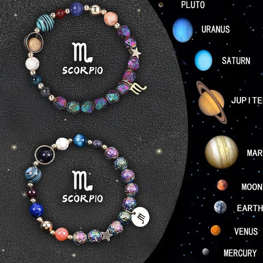 Two natural stone beaded bracelets showing different zodiac sign charms on an adjustable cord.