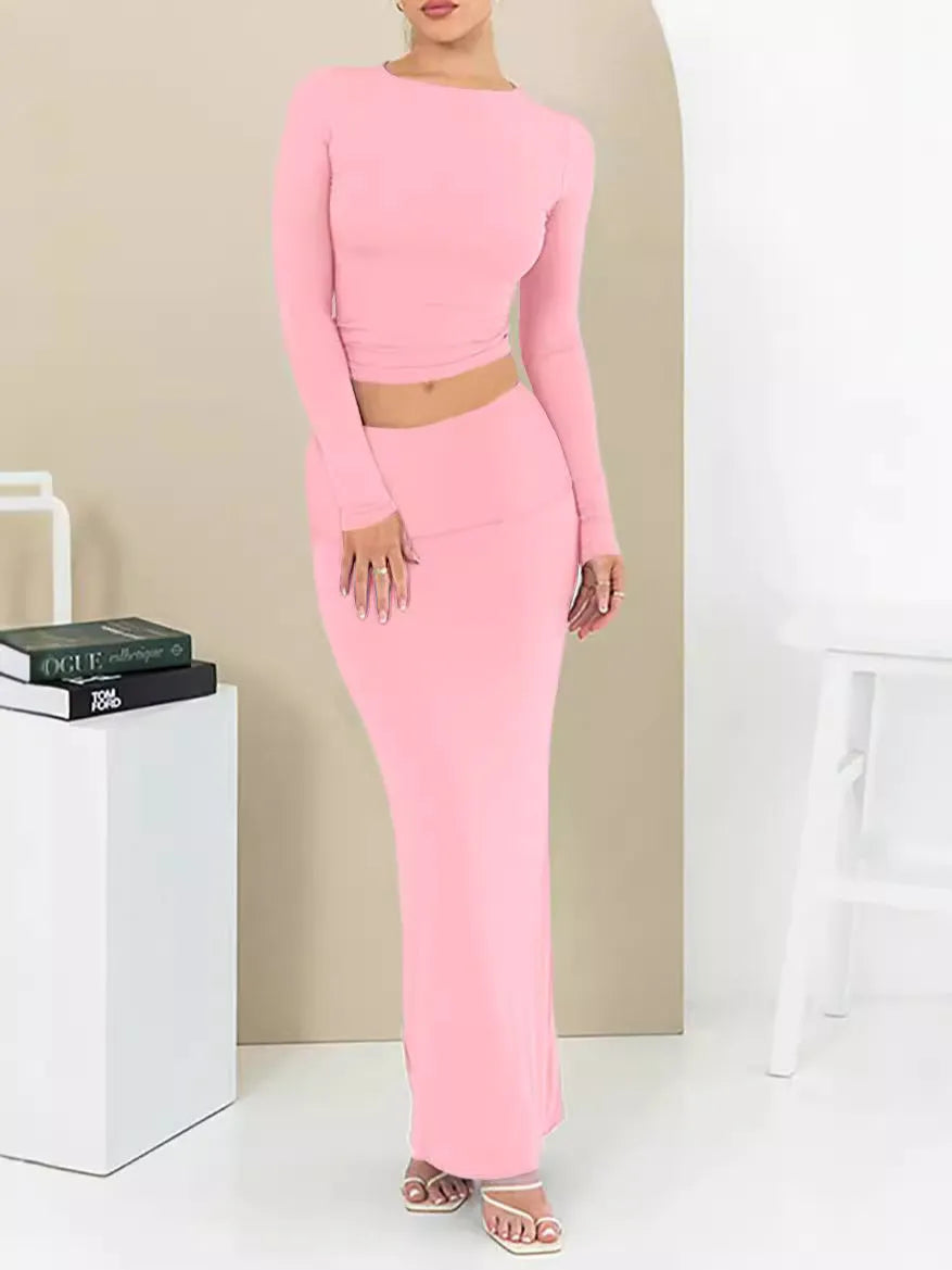 Women's autumn two-piece suit in polyester with long skirt and three-quarter sleeves in sweet style