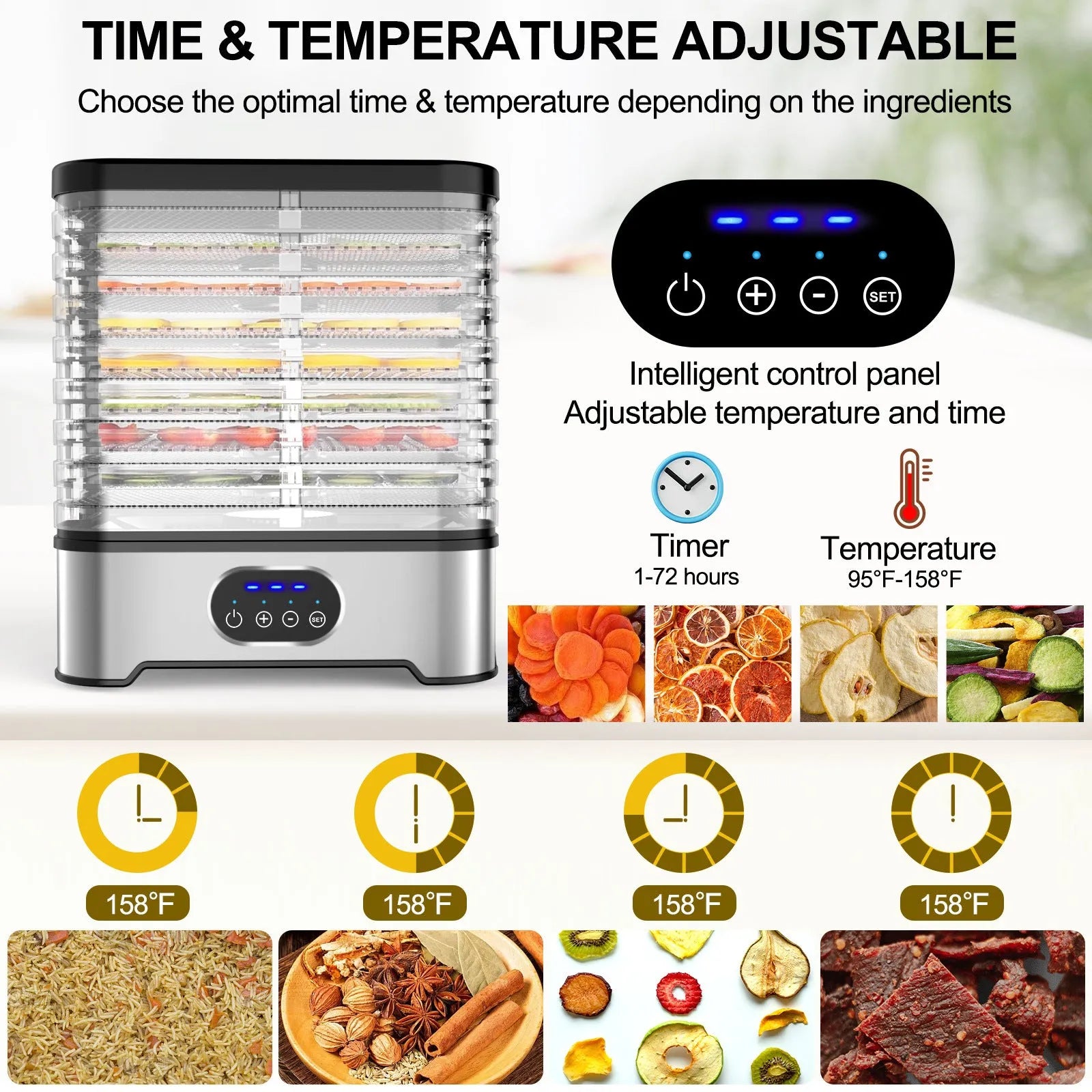 Silver household food dehydrator with 8 stacking trays, shown at full 36.5cm height.