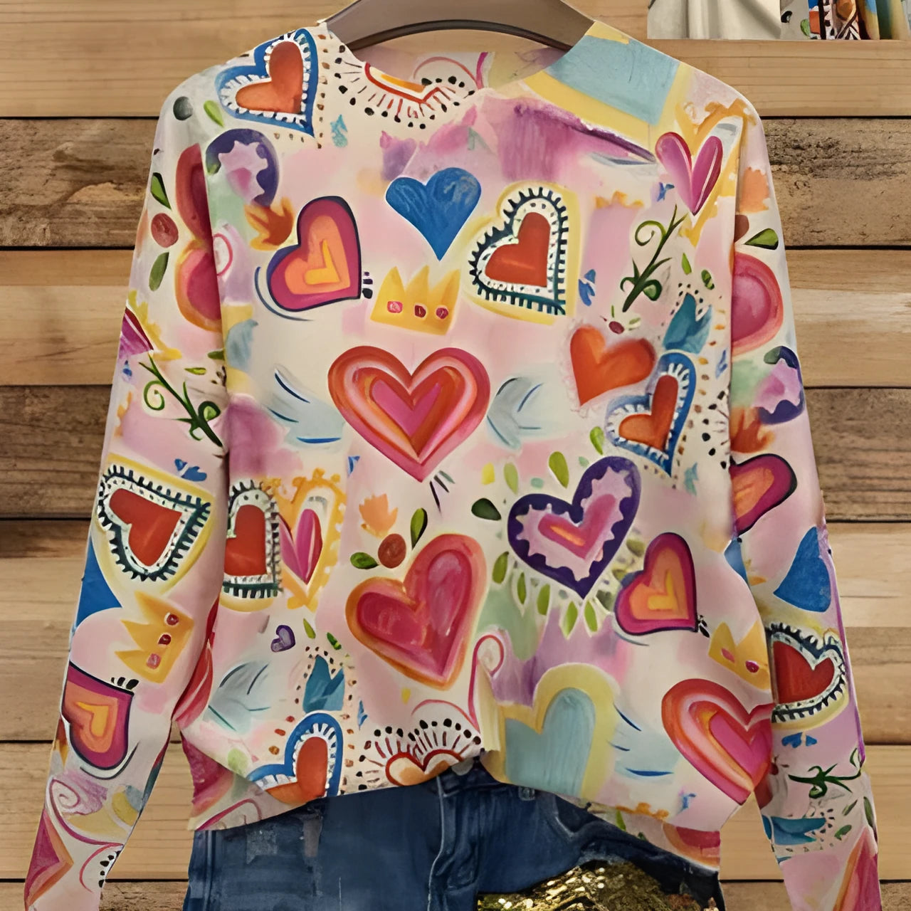 Digital printed loose-fit top with lapel collar showing printed pattern detail