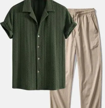 Men's slim fit camouflage print short sleeve shirt and trousers casual suit set