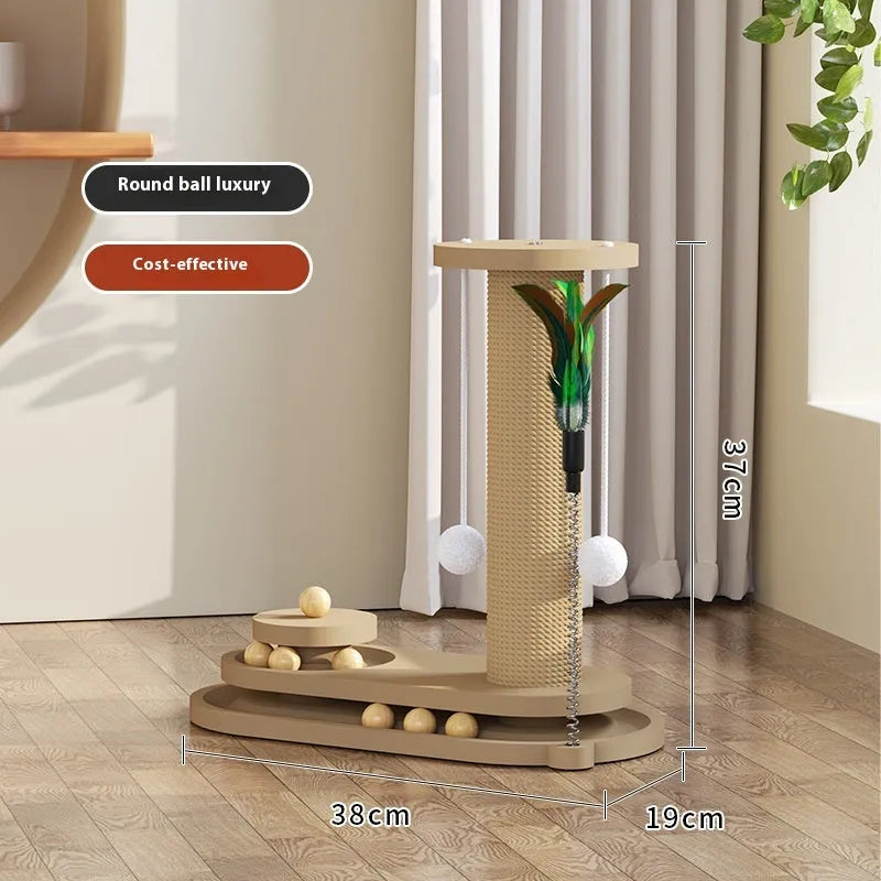 Solid wood cat scratching post with a central turntable, shown in a basic style big flower design