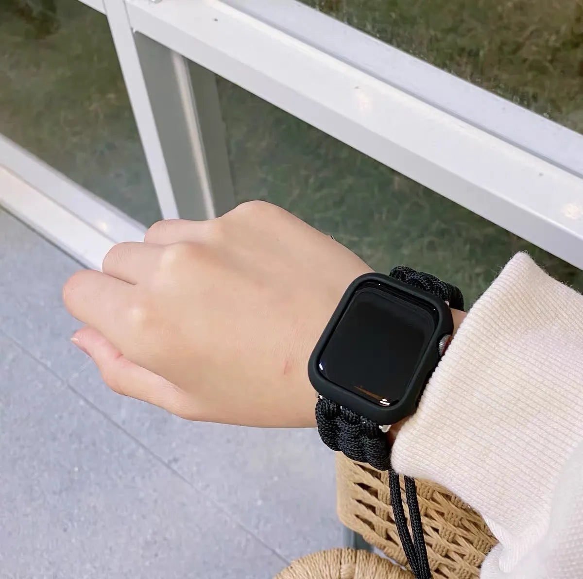 Paracord braided smart watch strap in black and white for Apple Watch and Samsung Huawei models