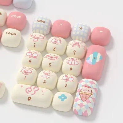 Sublimation printed PBT keycap set for mechanical keyboards showing cartoon pig and animal theme designs