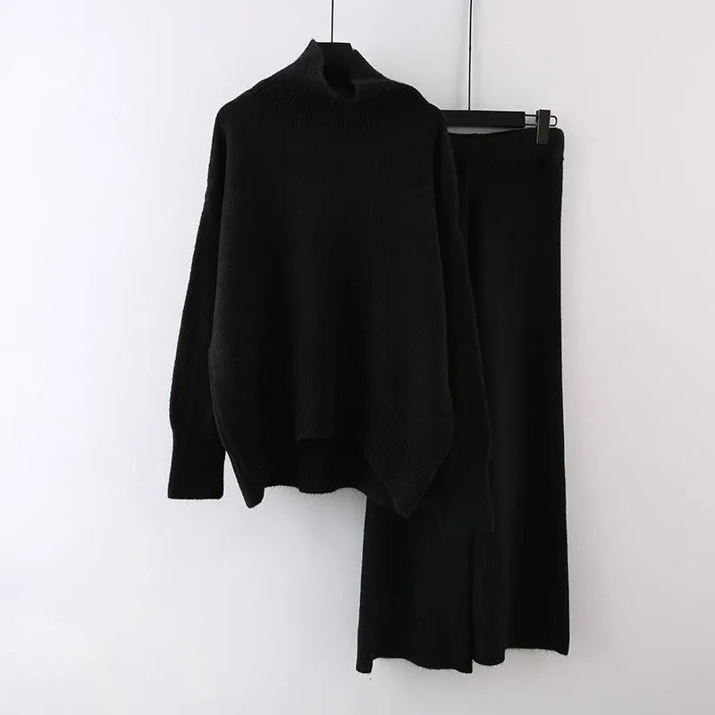 Women's beige acrylic long-sleeve sweater and wide-leg trousers two-piece casual set.