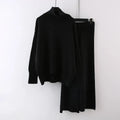Women's beige acrylic long-sleeve sweater and wide-leg trousers two-piece casual set.