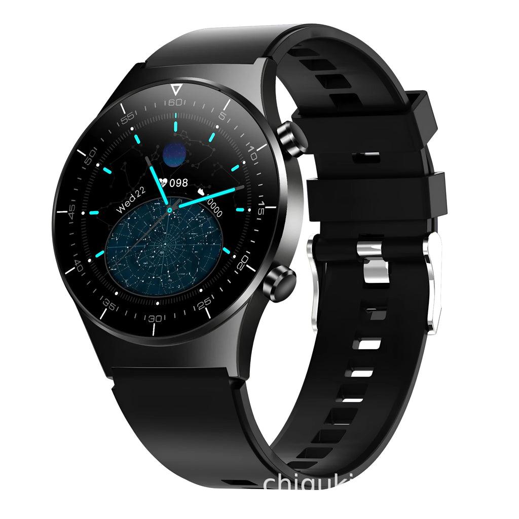 Black smart watch with 1.3-inch screen showing heart rate and blood pressure monitoring display