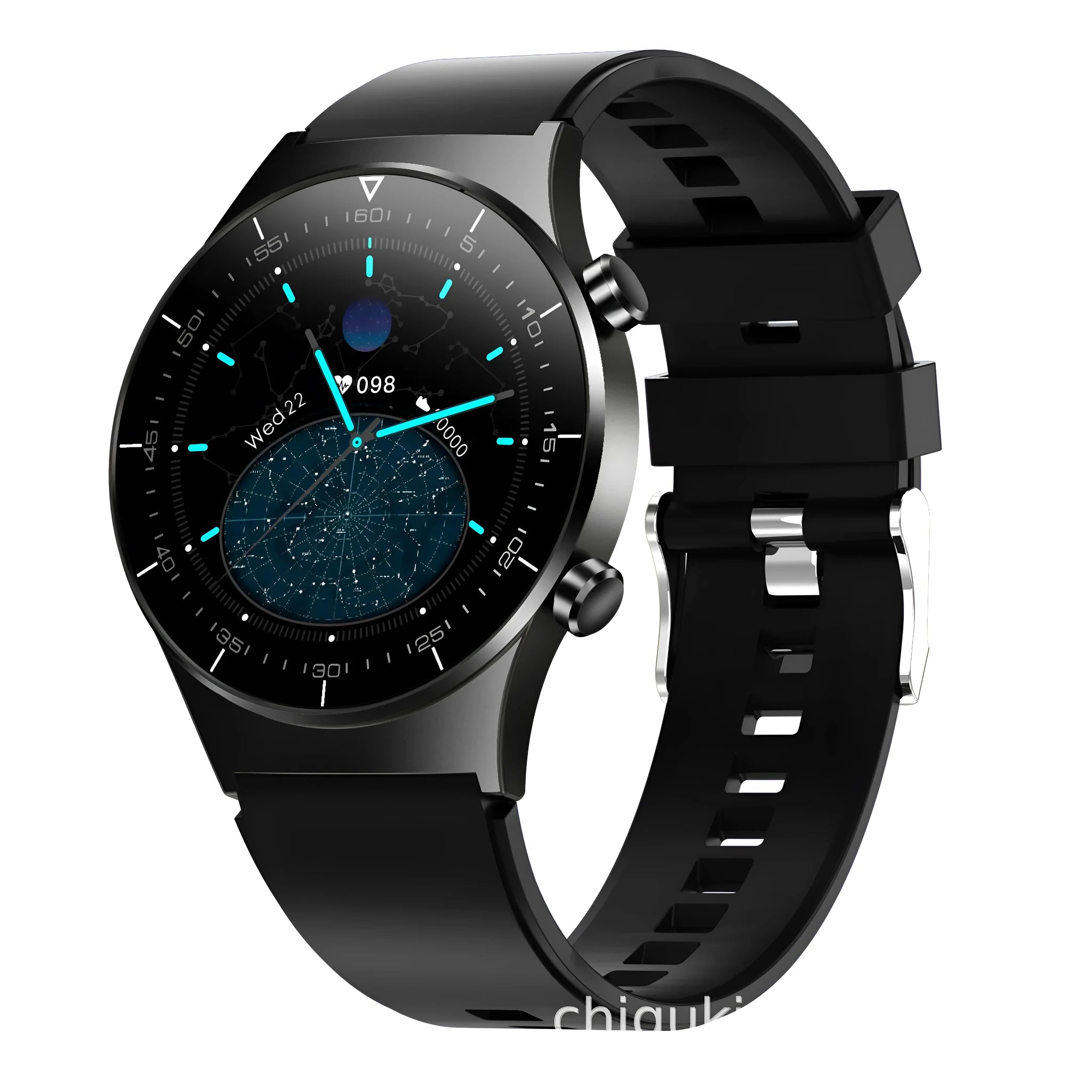 Black smart watch with 1.3-inch screen showing heart rate and blood pressure monitoring display