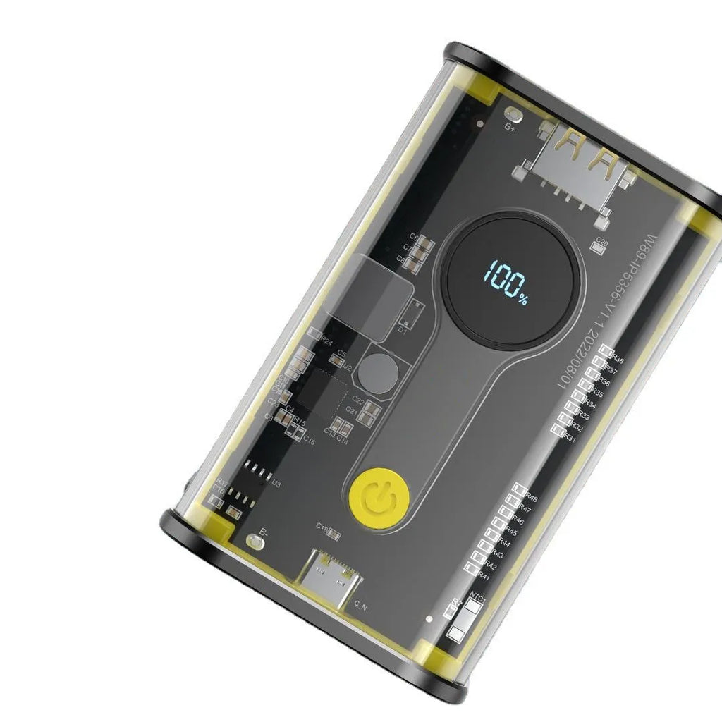 Transparent industrial power bank showing internal components with 10000mAh capacity and multi-U ports